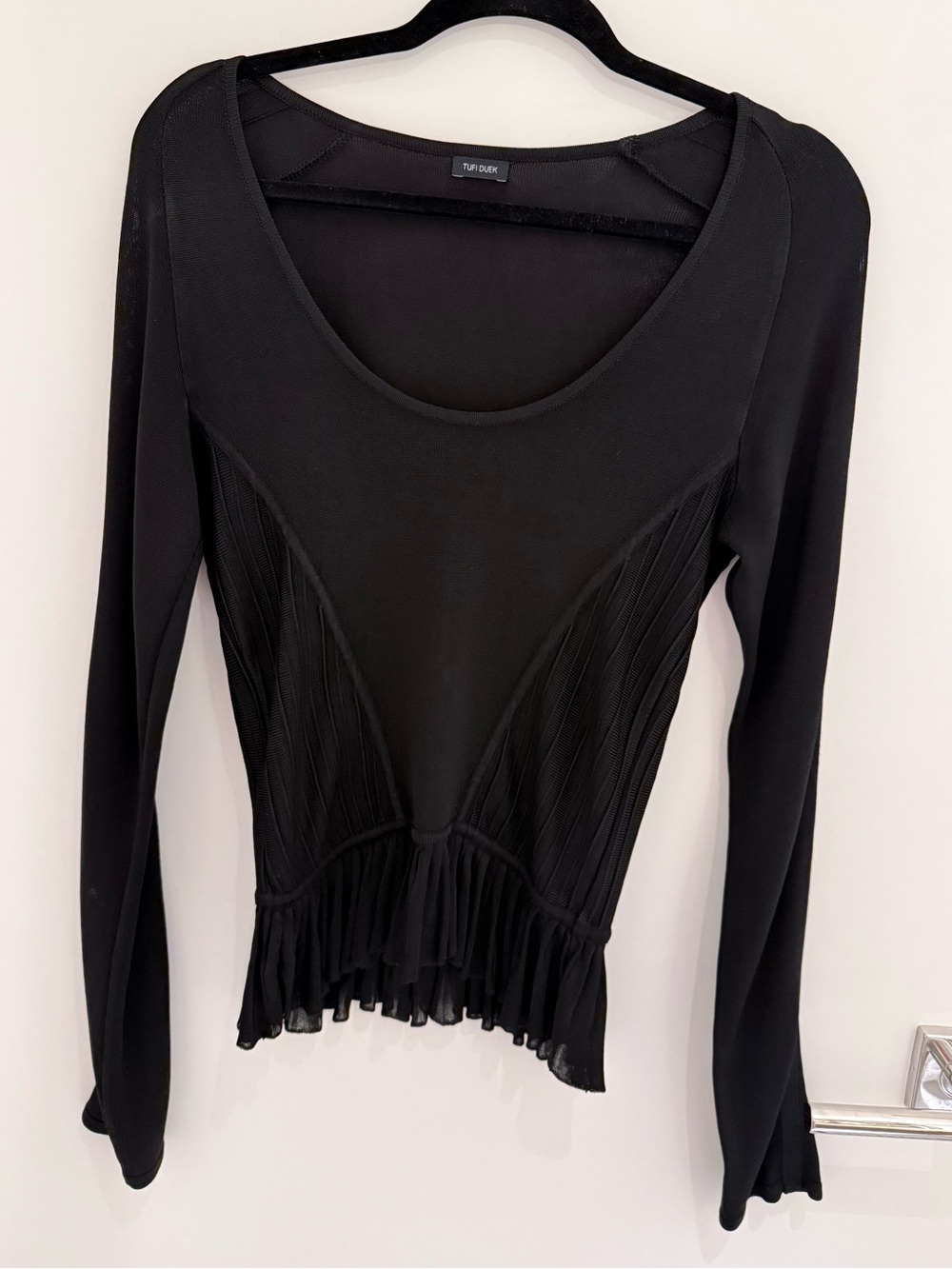 Tufi Duek Black Long-Sleeve Scoop Neck Peplum Top